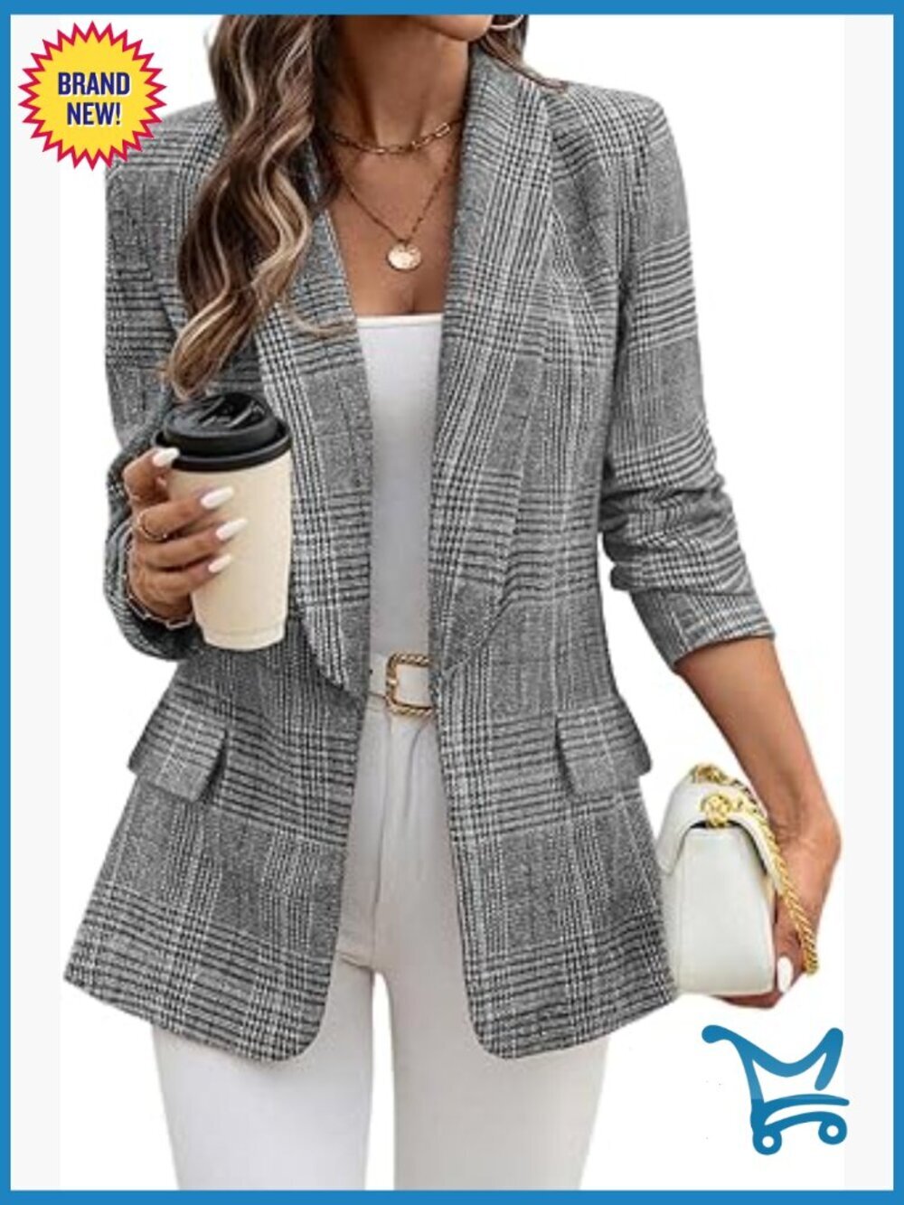 Womens Shawl Collar Plaid Boyfriend Blazer Business Casual Open Front Work Suit